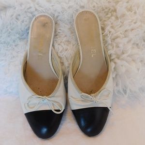 CHANEL CAP TOE MULES TWO TONE SHOES SIZE 37.5